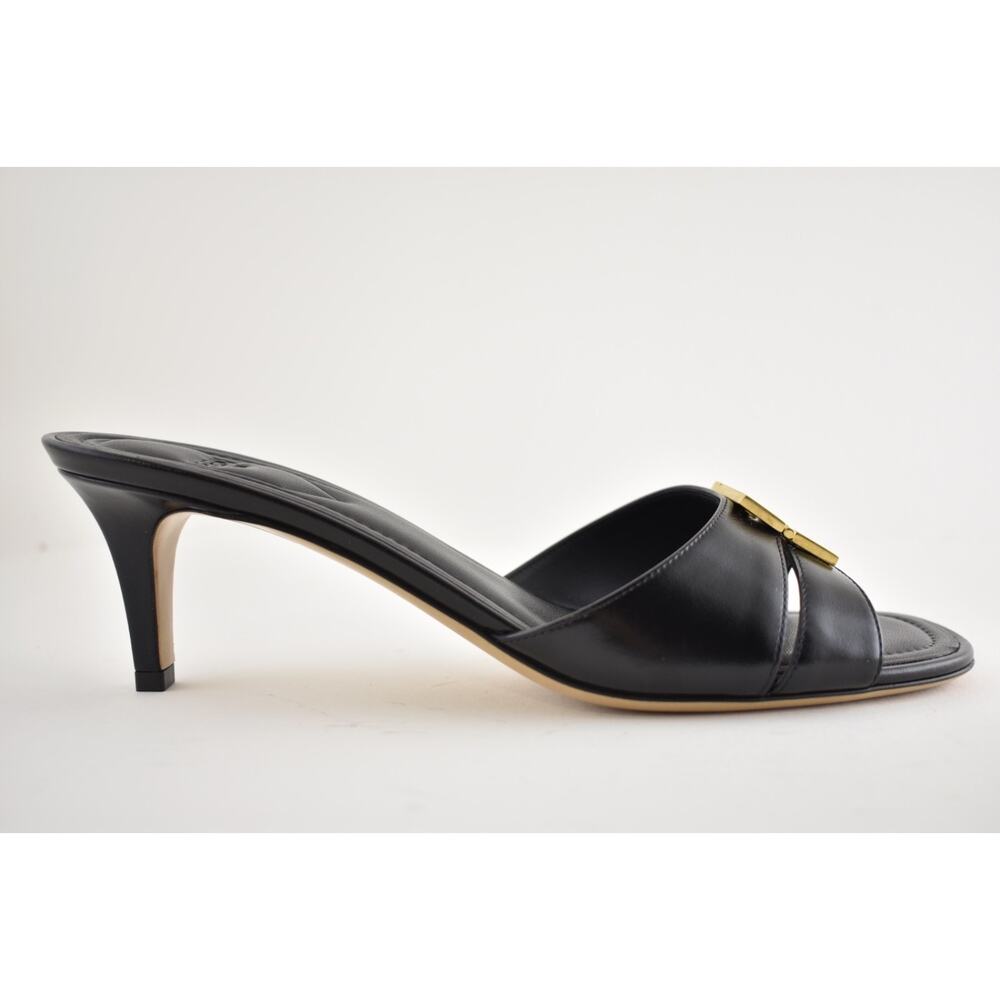 Fendi Fold Slide Black Leather Gold FF Logo Mule Kitten Heel Pump Sandals 37.5 - Picture 2 of 16